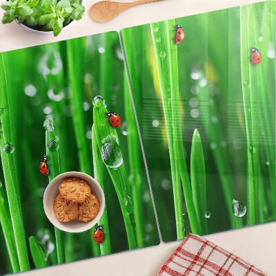 Glazen snijplanken Waterdruppels op gras met lieveheersbeestjes