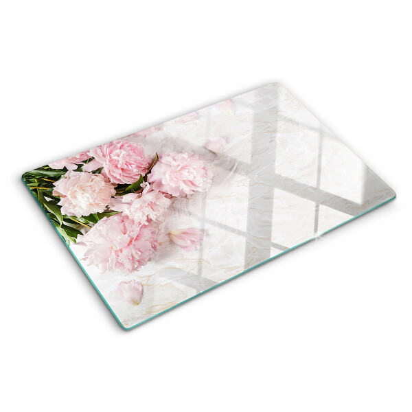 Deska kuchenna szklana Kwiaty piwonii na tle marmuru