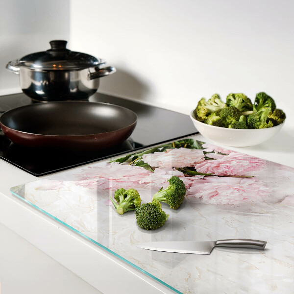 Deska kuchenna szklana Kwiaty piwonii na tle marmuru