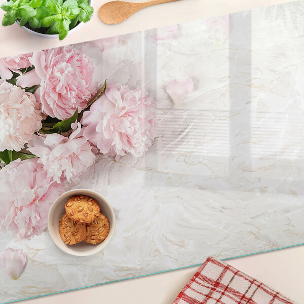 Deska kuchenna szklana Kwiaty piwonii na tle marmuru
