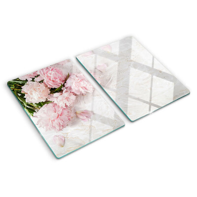 Deska kuchenna szklana Kwiaty piwonii na tle marmuru