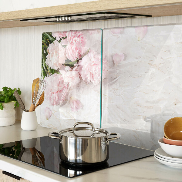 Deska kuchenna szklana Kwiaty piwonii na tle marmuru