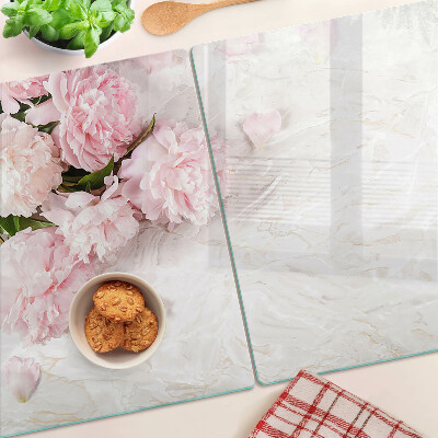 Deska kuchenna szklana Kwiaty piwonii na tle marmuru
