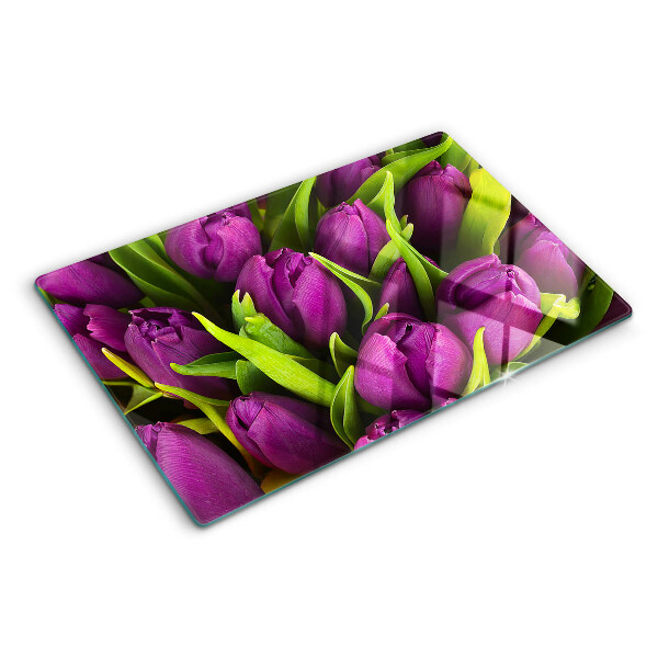 Snijplanken glas Paarse tulpen met groene bladeren