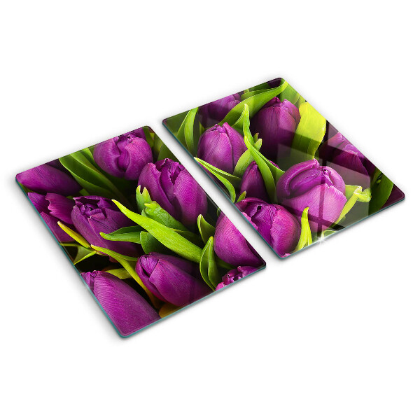 Snijplanken glas Paarse tulpen met groene bladeren