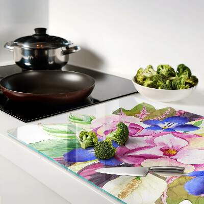 Szklana deska kuchenna Kwiatowy wzór z różowymi i niebieskimi kwiatami