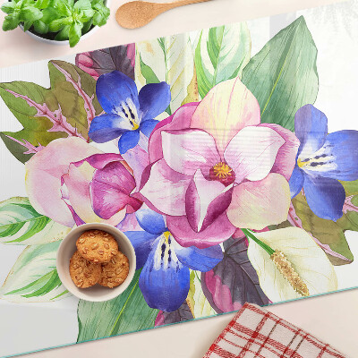 Szklana deska kuchenna Kwiatowy wzór z różowymi i niebieskimi kwiatami