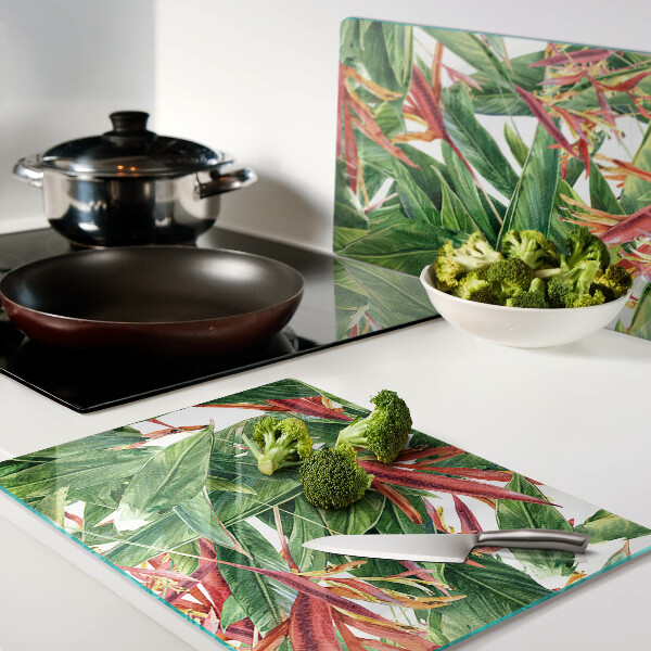 Szklana deska kuchenna Tropikalne liście i kwiaty