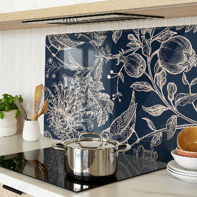 Deska kuchenna szklana Kwiaty i ptaki na ciemnym tle