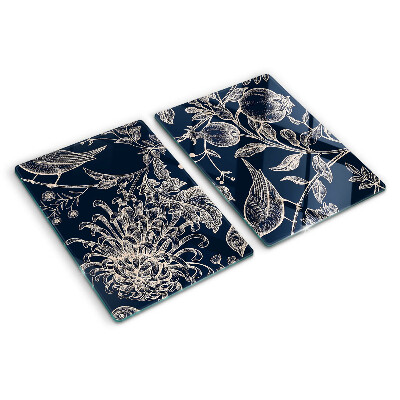 Deska kuchenna szklana Kwiaty i ptaki na ciemnym tle