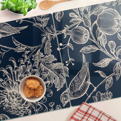 Deska kuchenna szklana Kwiaty i ptaki na ciemnym tle