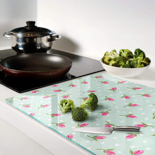 Szklana deska kuchenna Różowe tulipany na zielonym tle