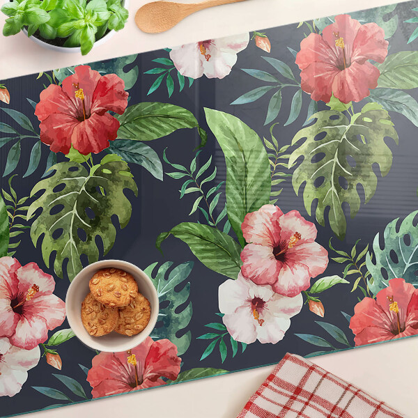 Deska kuchenna szklana Kwiaty tropikalne z liśćmi