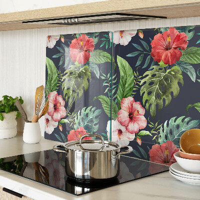 Deska kuchenna szklana Kwiaty tropikalne z liśćmi