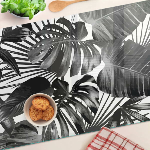 Szklana deska kuchenna Liście tropikalne w czerni i bieli