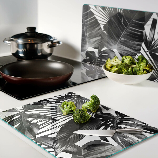 Szklana deska kuchenna Liście tropikalne w czerni i bieli