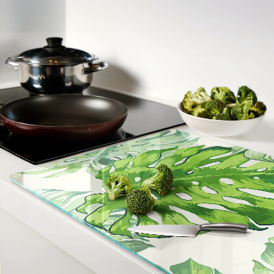 Deska kuchenna szklana Liście monstery na jasnym tle