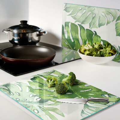 Deska kuchenna szklana Liście monstery na jasnym tle