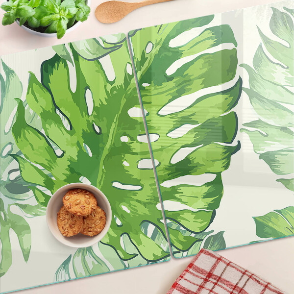 Deska kuchenna szklana Liście monstery na jasnym tle