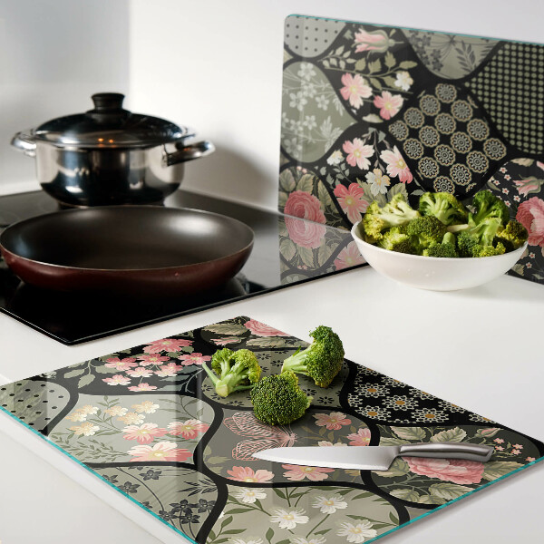 Deska kuchenna szklana Kwiatowy patchwork z geometrycznymi wzorami