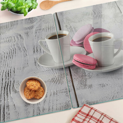 Szklana deska kuchenna Kawa i makaroniki na tle drewna