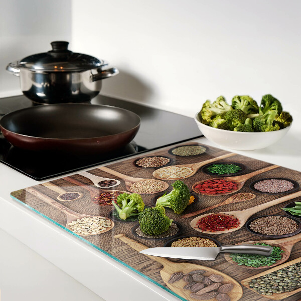 Deska kuchenna szklana Przyprawy i zioła w łyżkach