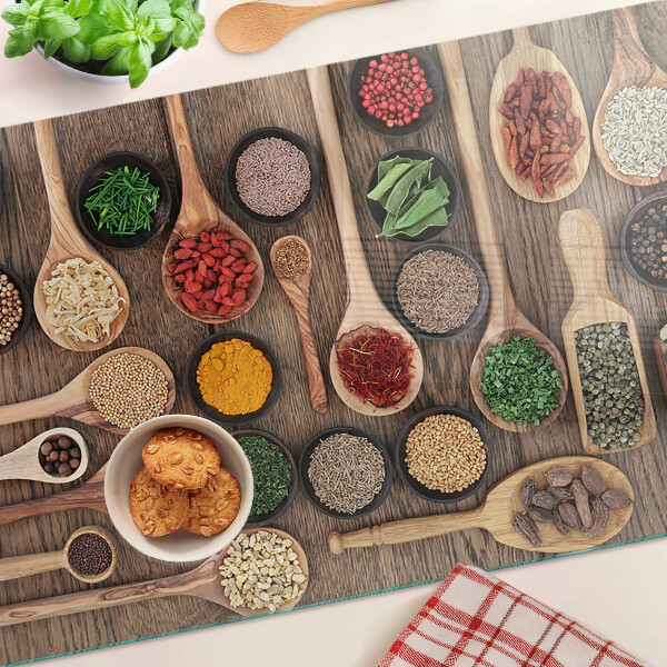 Deska kuchenna szklana Przyprawy i zioła w łyżkach