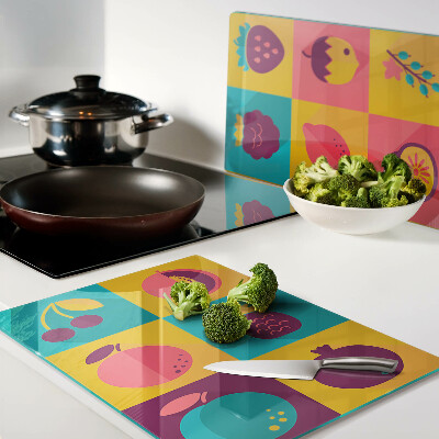 Szklana deska kuchenna Motyw owoców w kolorowych kwadratach