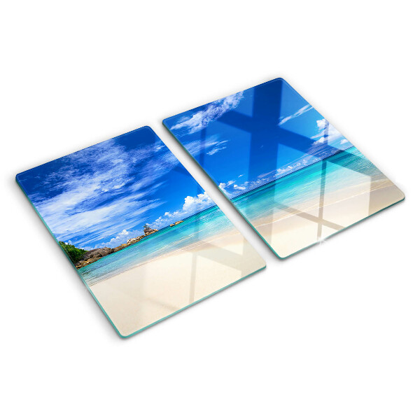 Snijplanken glas Tropisch strand met een blauwe hemel