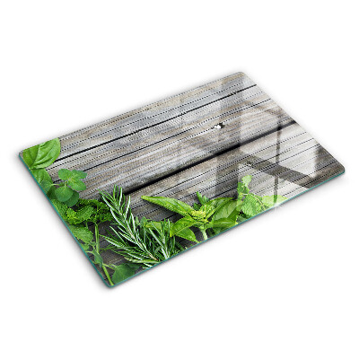 Szklana deska kuchenna Zielone zioła na drewnianym tle