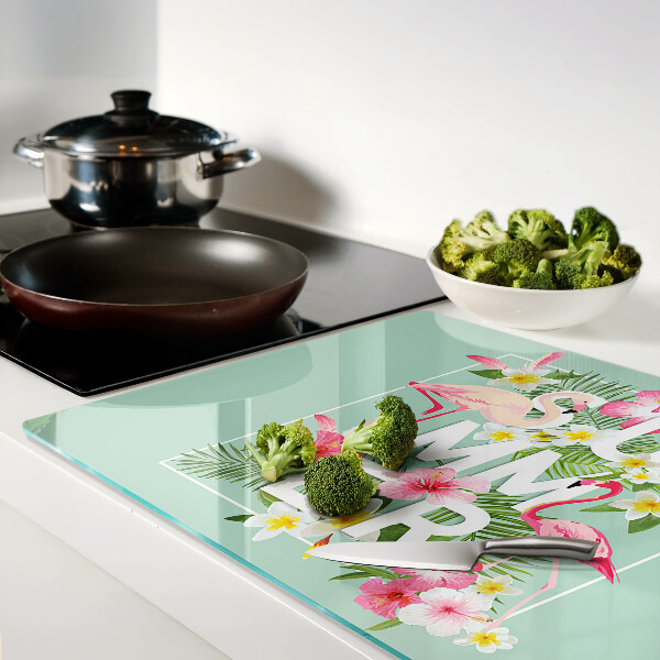 Snijplanken glas Zomerbloemen en flamingo's