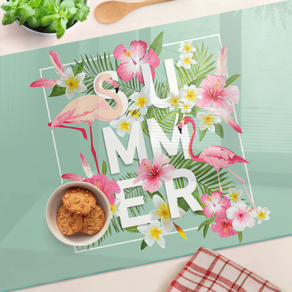 Deska kuchenna szklana Letnie kwiaty i flamingi