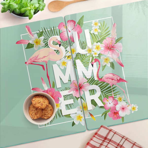 Deska kuchenna szklana Letnie kwiaty i flamingi