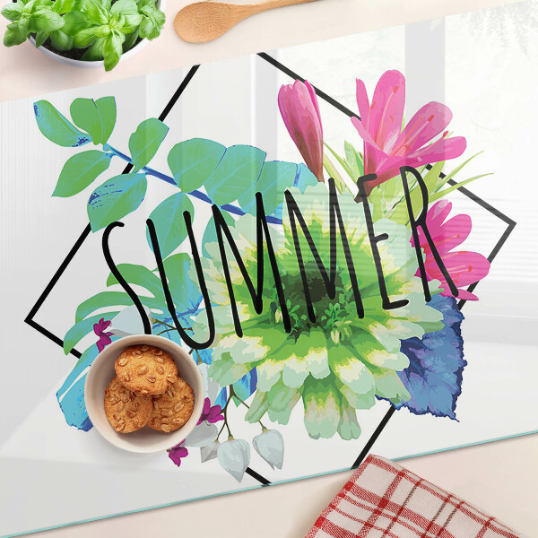 Deska kuchenna szklana Letnie kwiaty z napisem 