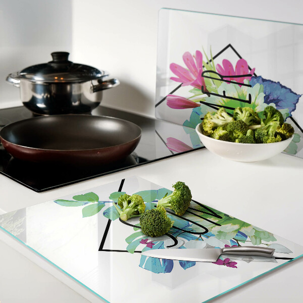 Deska kuchenna szklana Letnie kwiaty z napisem 