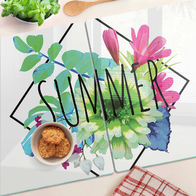 Glazen snijplanken Zomerbloemen met het woord 