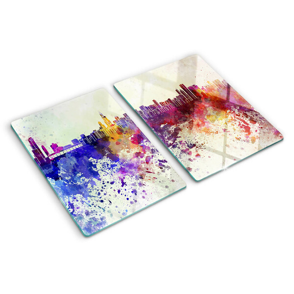 Szklana deska kuchenna Panorama miasta w kolorowych plamach