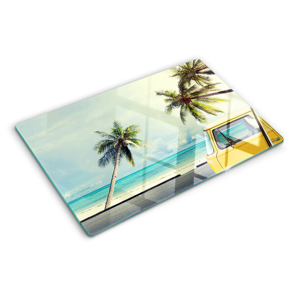 Snijplanken van glas Strand met palmbomen en een auto