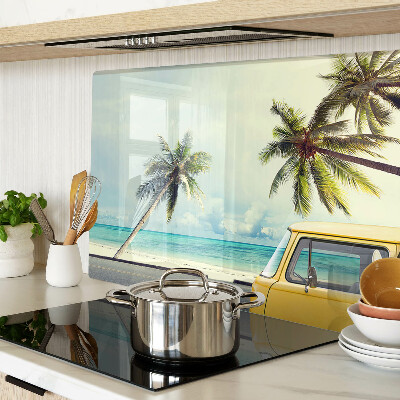 Snijplanken van glas Strand met palmbomen en een auto
