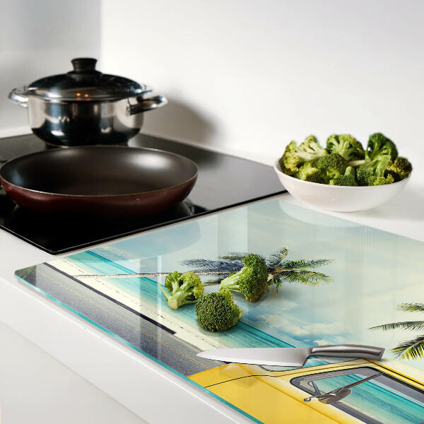 Snijplanken van glas Strand met palmbomen en een auto