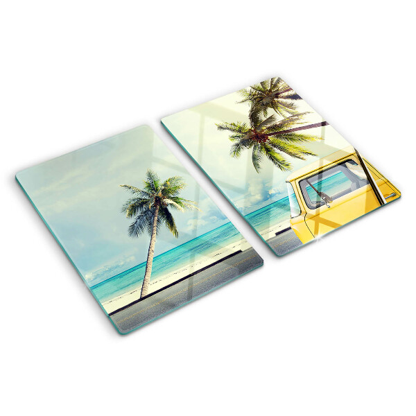 Snijplanken van glas Strand met palmbomen en een auto