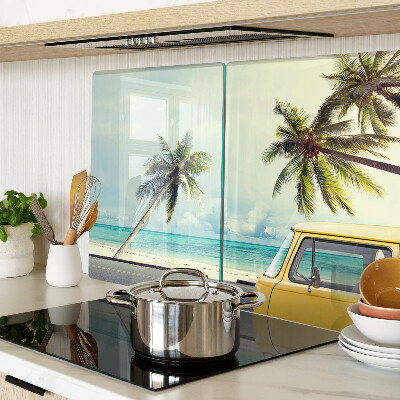 Snijplanken van glas Strand met palmbomen en een auto