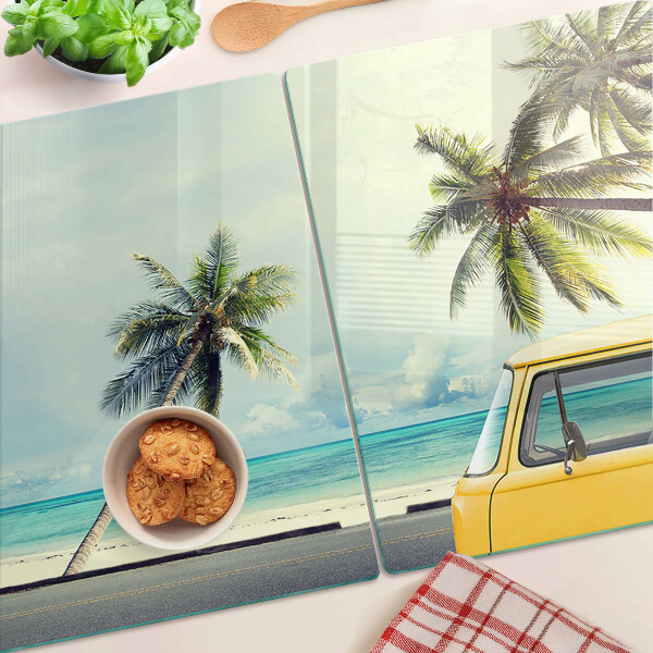 Szklana deska kuchenna Plaża z palmami i samochodem