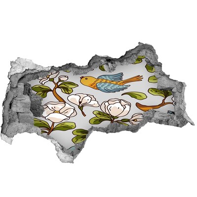 3D muursticker gescheurde muur Bloemenparadijs met een vogel