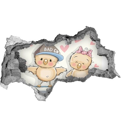 3D muursticker gescheurde muur Schattige vogeltjes op een skateboard