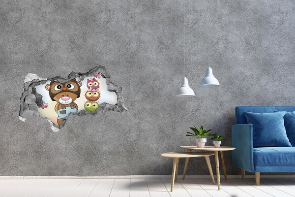 Wandsticker 3D doorkijk Schattige teddybeer met uilen