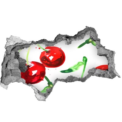 Wandsticker 3D doorkijk Rode kersen in een gat in de muur