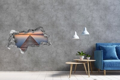3D sticker gat in stenen muur Zonsondergang boven het meer