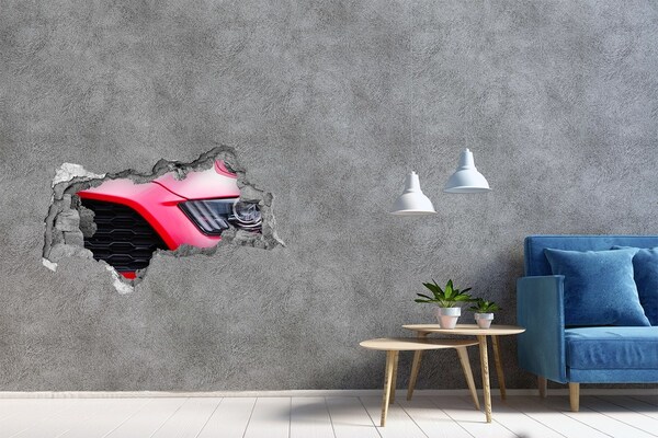 Zelfklevende 3D wandsticker illusie Rode sportwagen door een gat in de muur