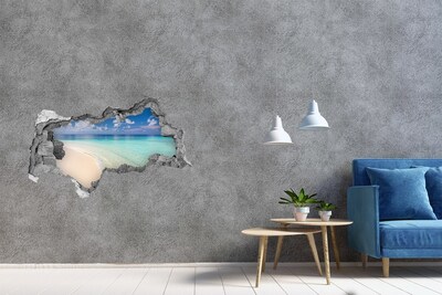 3D sticker gat in stenen muur Een paradijselijk strand met turquoise water.